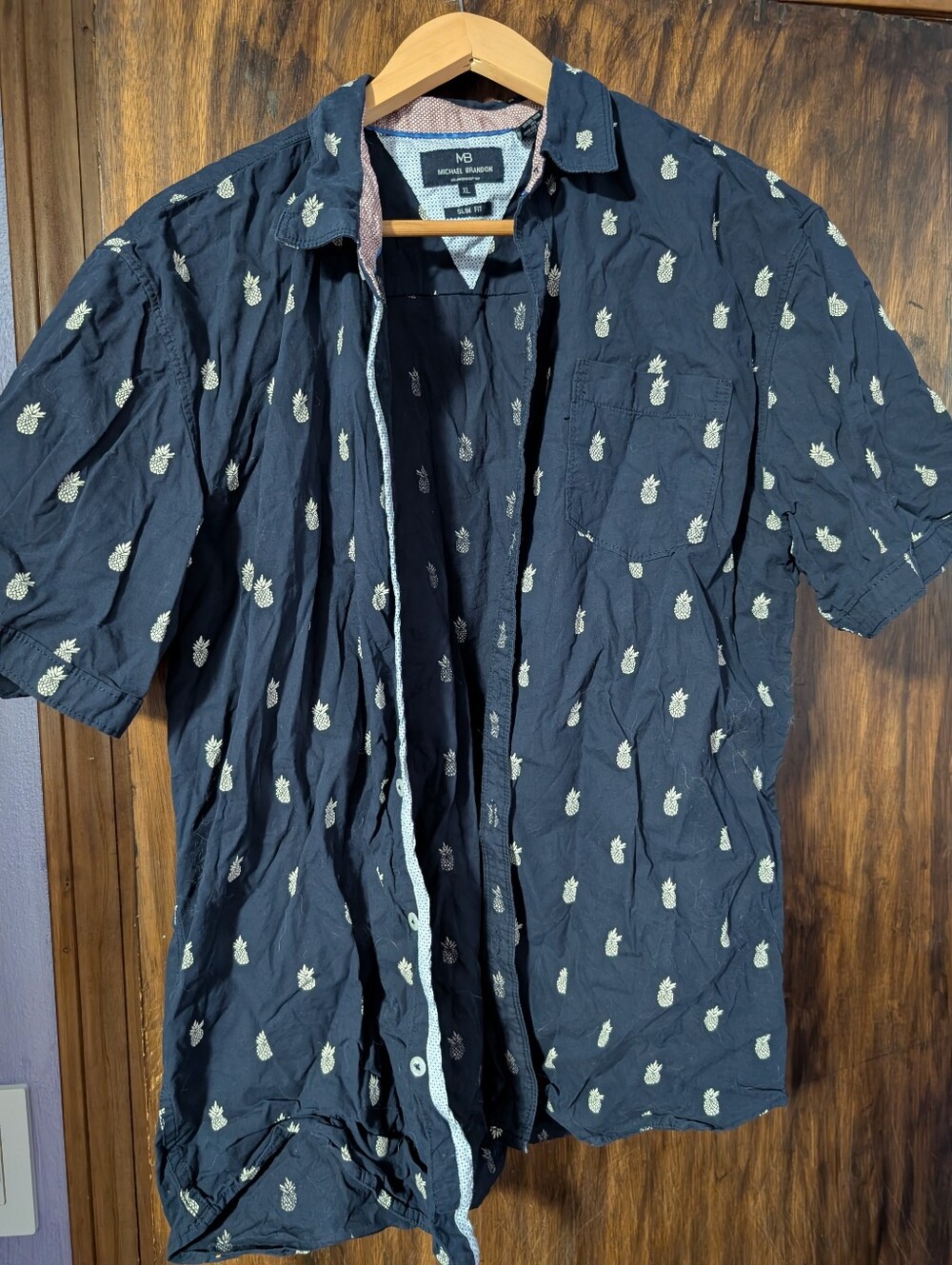 Michael Brandon Navy Short-Sleeve Button-Down Shirt with Pineapple Print